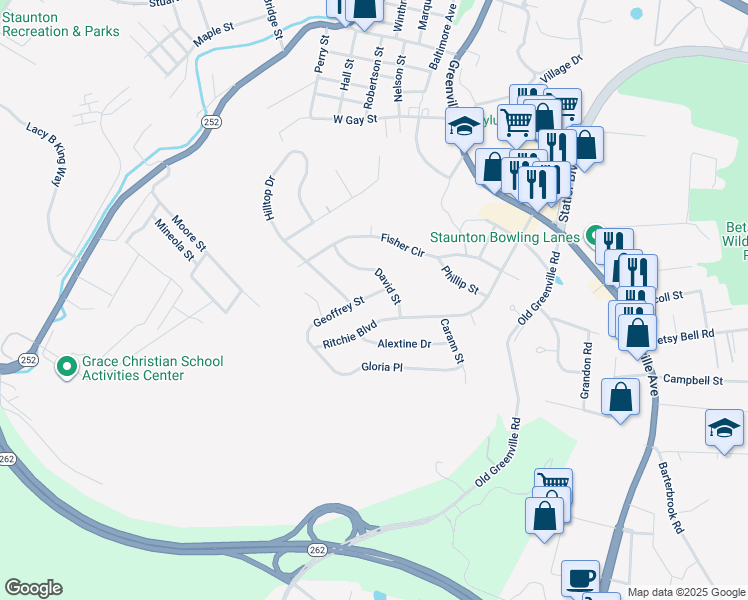map of restaurants, bars, coffee shops, grocery stores, and more near 804 Geoffrey Street in Staunton