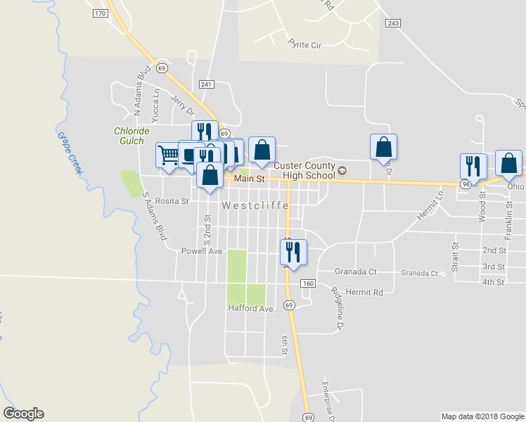 map of restaurants, bars, coffee shops, grocery stores, and more near 208 5th Street in Westcliffe