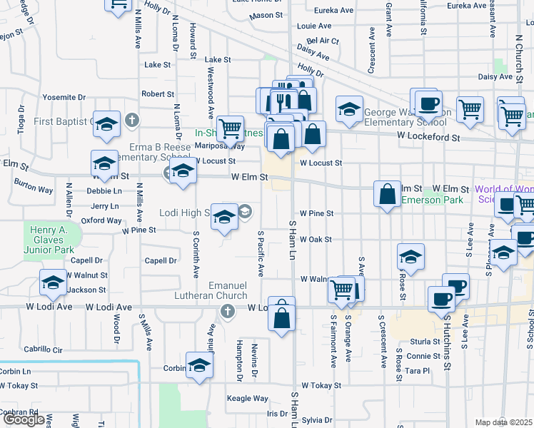 map of restaurants, bars, coffee shops, grocery stores, and more near 20 North Pacific Avenue in Lodi