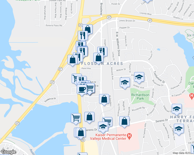 map of restaurants, bars, coffee shops, grocery stores, and more near 1500 Broadway in Vallejo