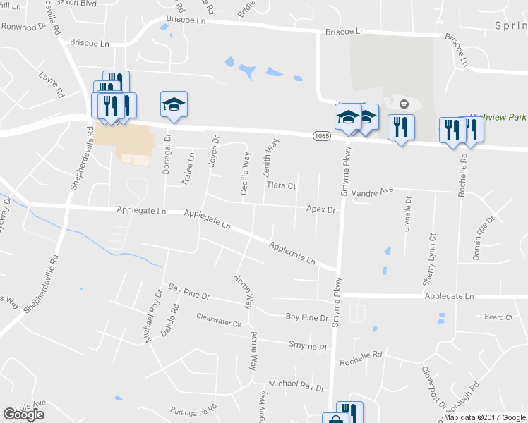 map of restaurants, bars, coffee shops, grocery stores, and more near 6202 Apex Drive in Louisville