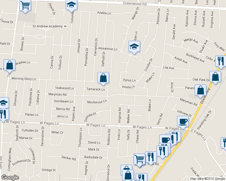 map of restaurants, bars, coffee shops, grocery stores, and more near 5505 Maryman Road in Louisville