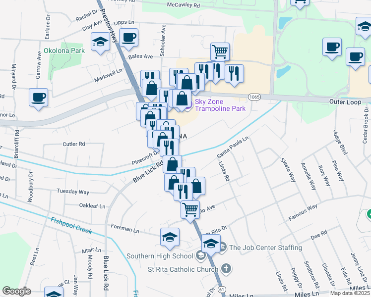 map of restaurants, bars, coffee shops, grocery stores, and more near 4208 Lambert Road in Louisville