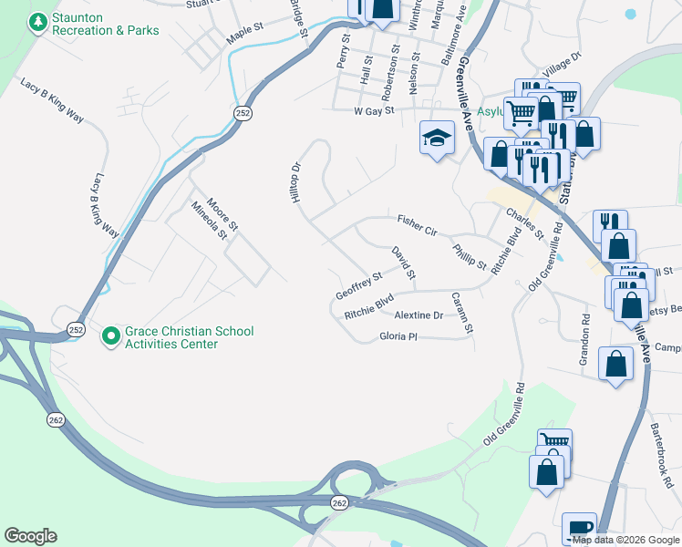 map of restaurants, bars, coffee shops, grocery stores, and more near 104 Oakstone Run in Staunton