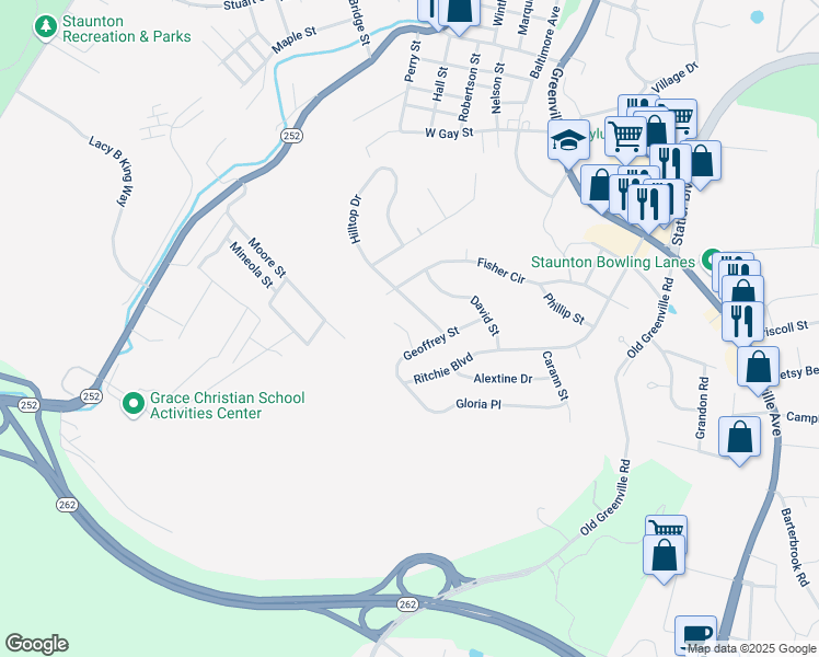 map of restaurants, bars, coffee shops, grocery stores, and more near 104 Oakstone Run in Staunton