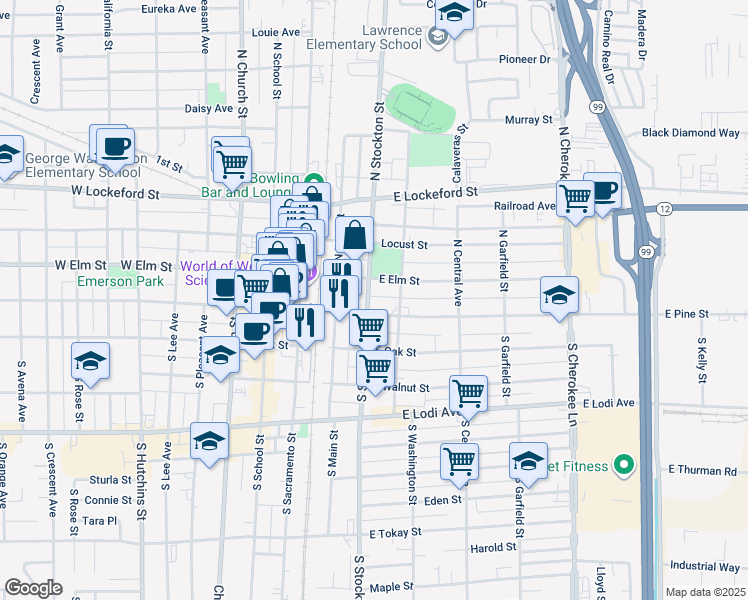 map of restaurants, bars, coffee shops, grocery stores, and more near 16 North Stockton Street in Lodi