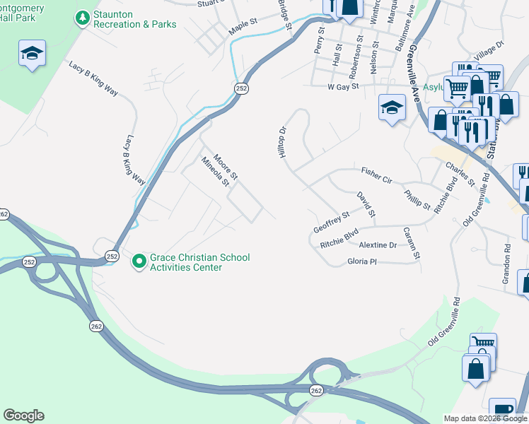 map of restaurants, bars, coffee shops, grocery stores, and more near 908 Moore St in Staunton