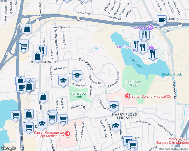 map of restaurants, bars, coffee shops, grocery stores, and more near Tuolumne Street & Parkview Terrace in Vallejo