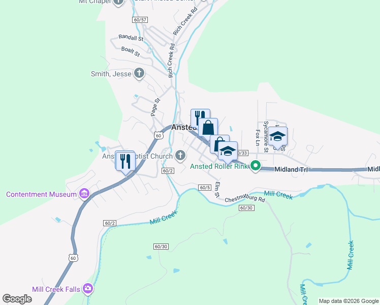 map of restaurants, bars, coffee shops, grocery stores, and more near 85 Holley Street in Ansted