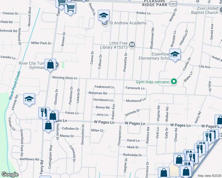 map of restaurants, bars, coffee shops, grocery stores, and more near 5802 Teakwood Lane in Louisville