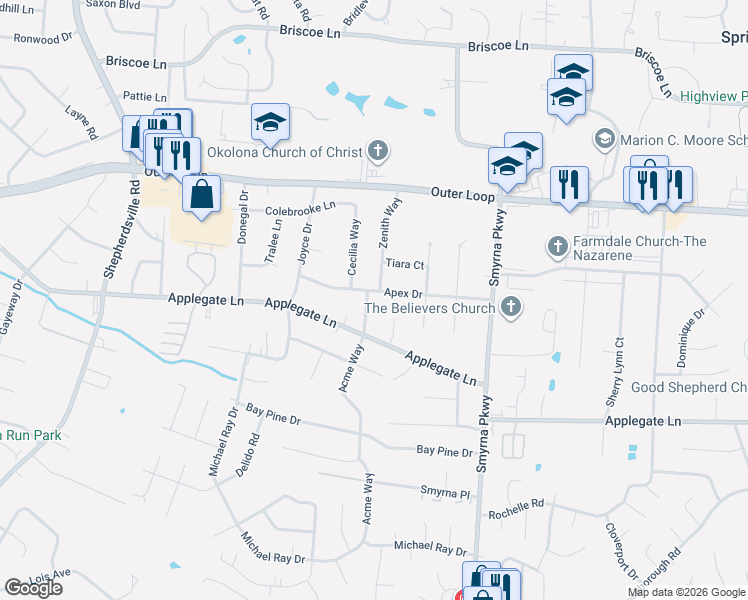 map of restaurants, bars, coffee shops, grocery stores, and more near 6202 Apex Drive in Louisville
