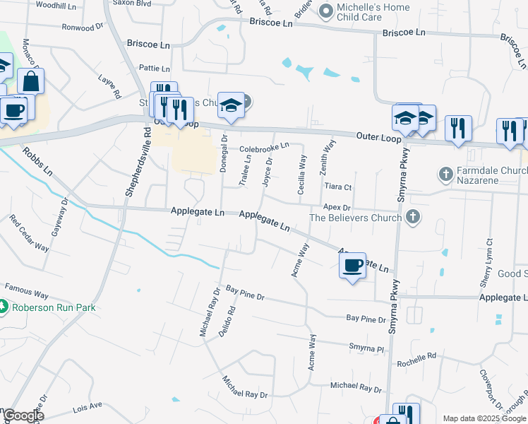 map of restaurants, bars, coffee shops, grocery stores, and more near 6005 Applegate Lane in Louisville