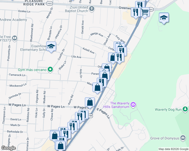 map of restaurants, bars, coffee shops, grocery stores, and more near 4902 Paramount Drive in Louisville