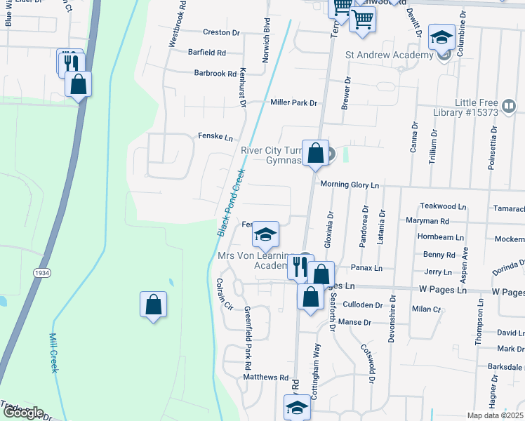 map of restaurants, bars, coffee shops, grocery stores, and more near 6714 Aron Road in Louisville