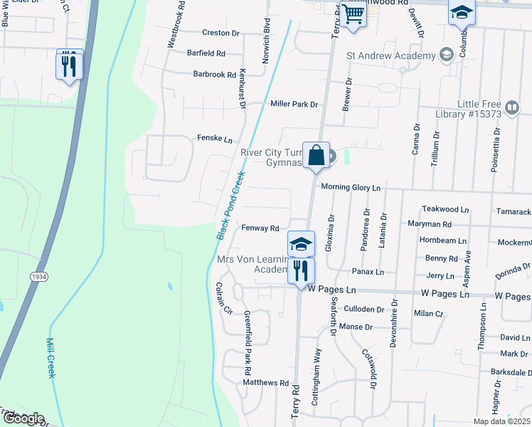 map of restaurants, bars, coffee shops, grocery stores, and more near 6714 Aron Road in Louisville