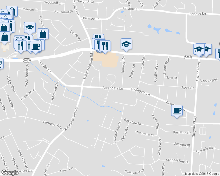 map of restaurants, bars, coffee shops, grocery stores, and more near Applegate Village Drive in Louisville