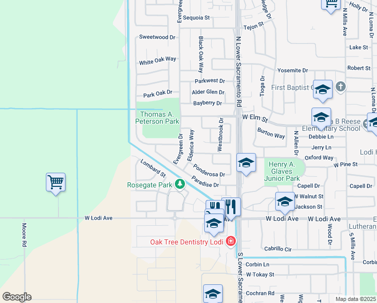 map of restaurants, bars, coffee shops, grocery stores, and more near 19 Elderica Way in Lodi