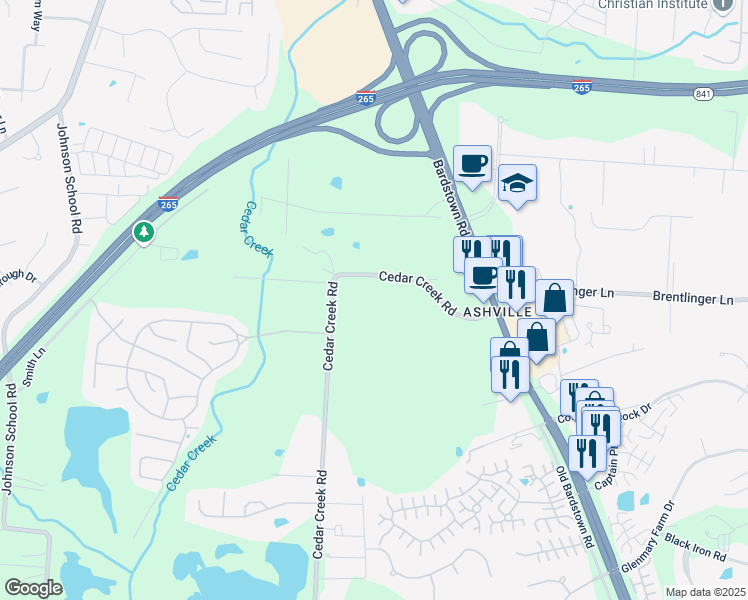map of restaurants, bars, coffee shops, grocery stores, and more near 7703 Cedar Creek Road in Louisville