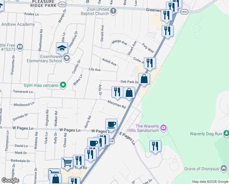 map of restaurants, bars, coffee shops, grocery stores, and more near 4902 Paramount Drive in Louisville
