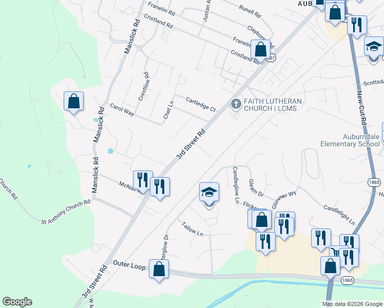 map of restaurants, bars, coffee shops, grocery stores, and more near 7725 3rd Street Road in Louisville