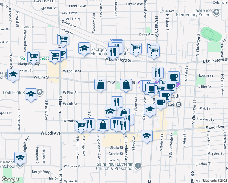 map of restaurants, bars, coffee shops, grocery stores, and more near 603 West Pine Street in Lodi