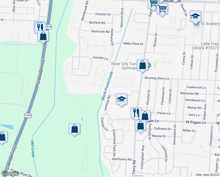 map of restaurants, bars, coffee shops, grocery stores, and more near 6812 Aron Road in Louisville