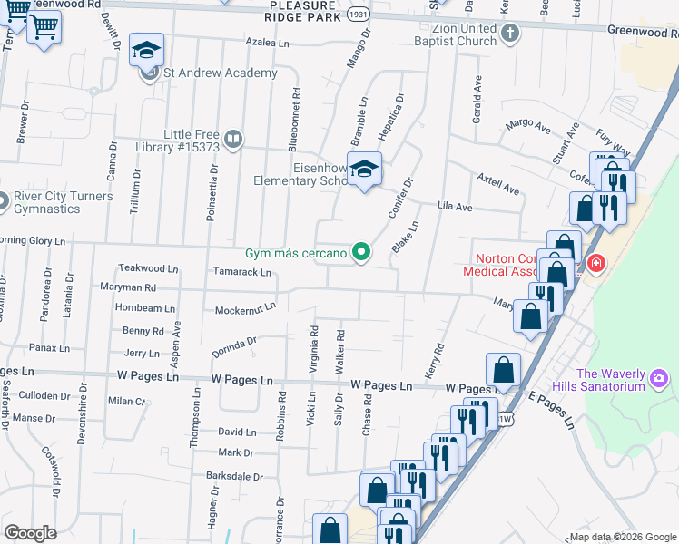 map of restaurants, bars, coffee shops, grocery stores, and more near 8106 Indigo Drive in Louisville