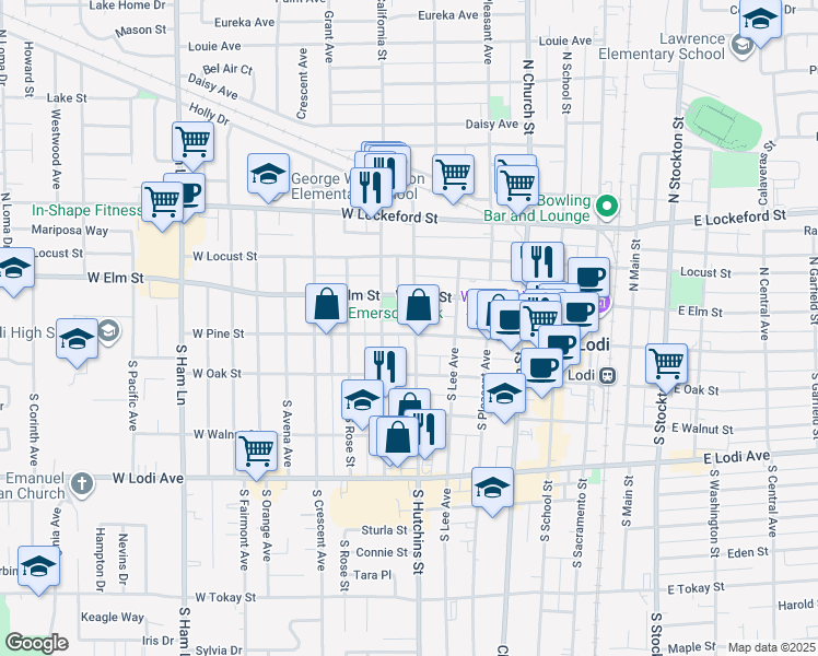 map of restaurants, bars, coffee shops, grocery stores, and more near 503 West Pine Street in Lodi