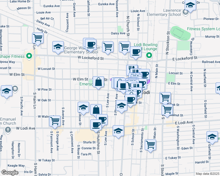 map of restaurants, bars, coffee shops, grocery stores, and more near 325 West Pine Street in Lodi