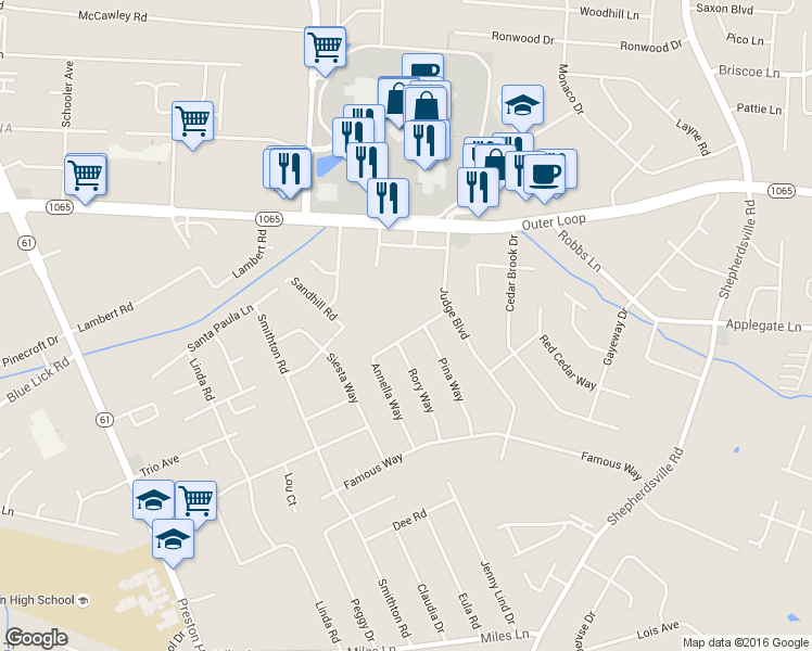 map of restaurants, bars, coffee shops, grocery stores, and more near 7912 Annella Way in Louisville