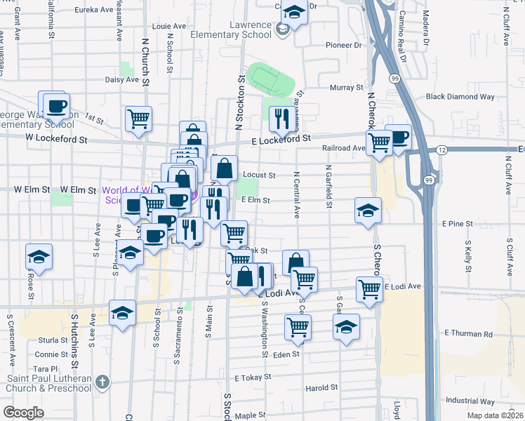 map of restaurants, bars, coffee shops, grocery stores, and more near 20 North Washington Street in Lodi