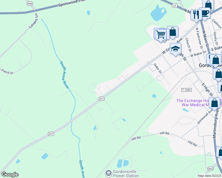 map of restaurants, bars, coffee shops, grocery stores, and more near 10209 Gordon Avenue in Gordonsville