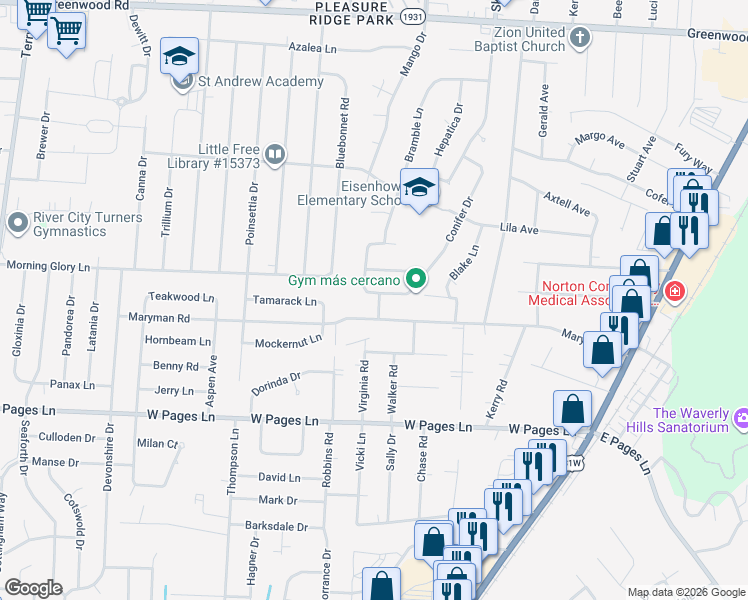 map of restaurants, bars, coffee shops, grocery stores, and more near 8106 Indigo Drive in Louisville