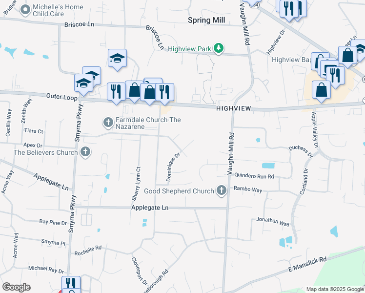 map of restaurants, bars, coffee shops, grocery stores, and more near 7712 Dominique Drive in Louisville
