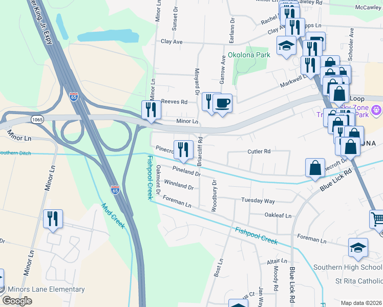 map of restaurants, bars, coffee shops, grocery stores, and more near 3513 Pinecroft Drive in Louisville