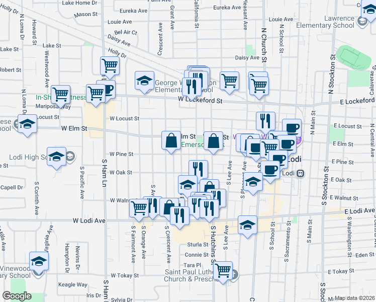 map of restaurants, bars, coffee shops, grocery stores, and more near 603 West Pine Street in Lodi