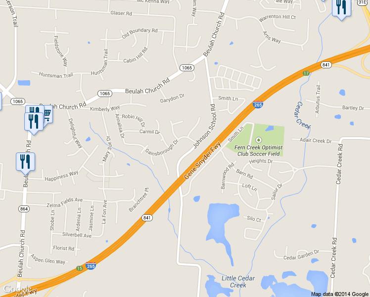 map of restaurants, bars, coffee shops, grocery stores, and more near 7706 Johnson School Road in Louisville