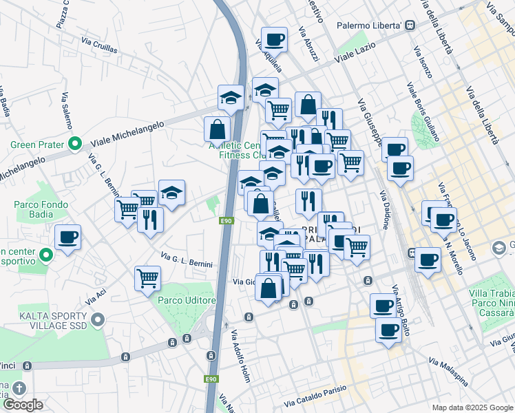 map of restaurants, bars, coffee shops, grocery stores, and more near 52 Via Giovanni Paisiello in Palermo