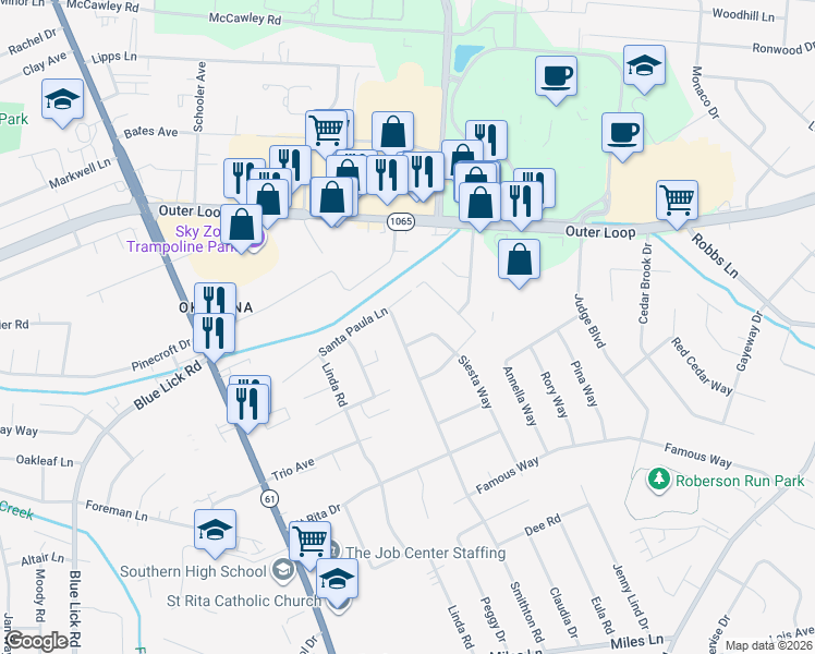map of restaurants, bars, coffee shops, grocery stores, and more near 8108 Smithton Road in Louisville
