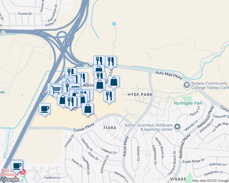 map of restaurants, bars, coffee shops, grocery stores, and more near 1190 Admiral Callaghan Lane in Vallejo