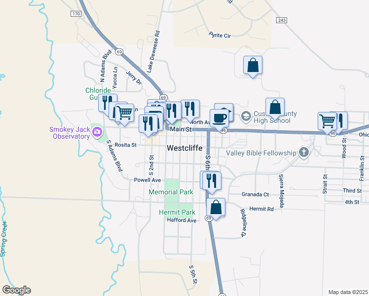 map of restaurants, bars, coffee shops, grocery stores, and more near in Westcliffe