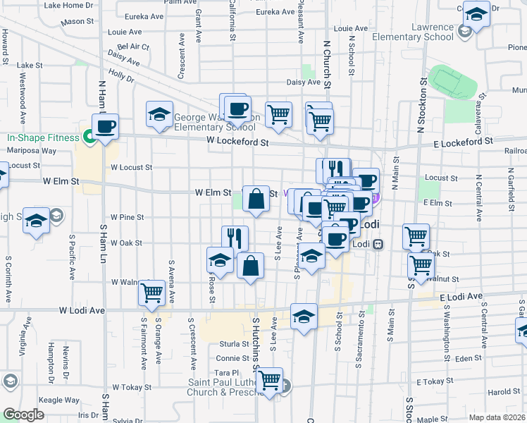 map of restaurants, bars, coffee shops, grocery stores, and more near 405 West Pine Street in Lodi