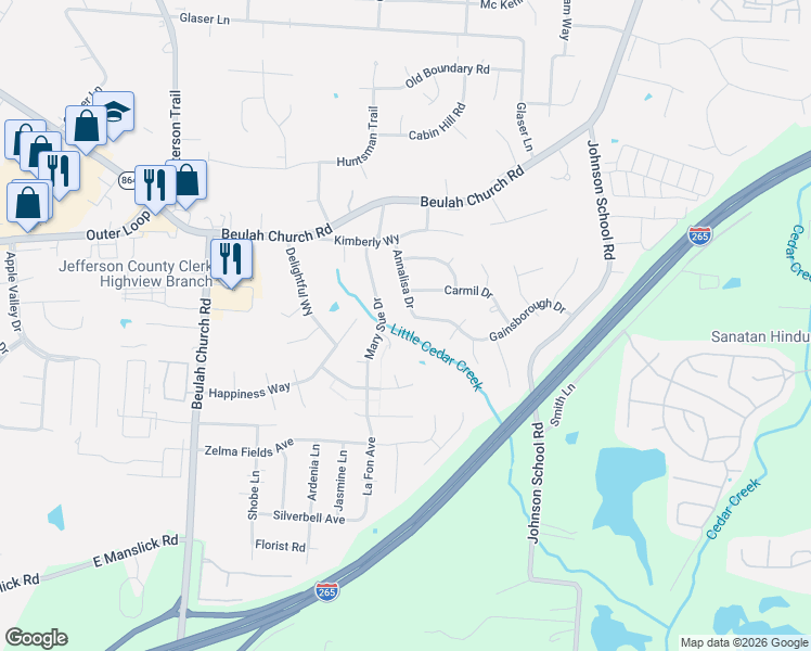 map of restaurants, bars, coffee shops, grocery stores, and more near 8420 Gainsborough Drive in Louisville