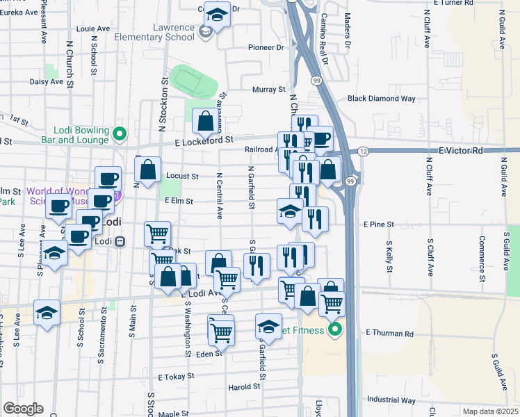 map of restaurants, bars, coffee shops, grocery stores, and more near 10 North Garfield Street in Lodi