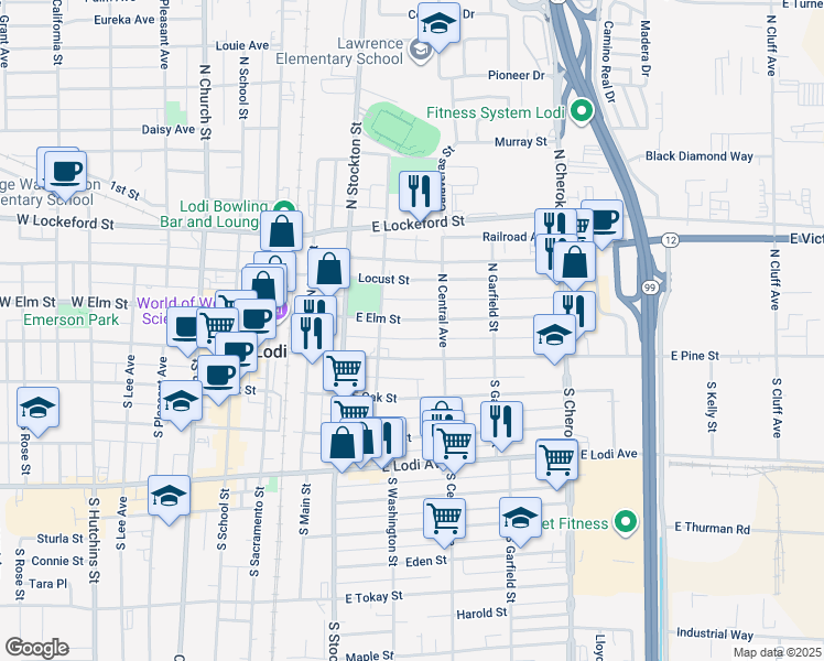 map of restaurants, bars, coffee shops, grocery stores, and more near 17 North Central Avenue in Lodi