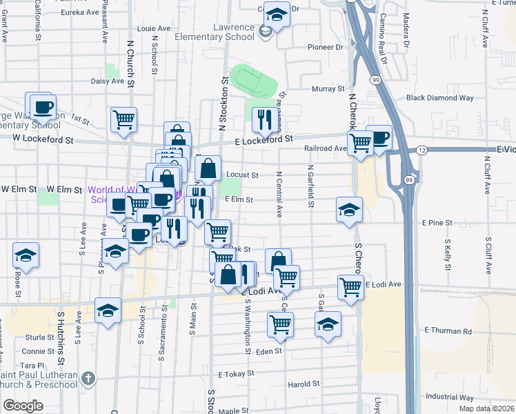 map of restaurants, bars, coffee shops, grocery stores, and more near 20 North Washington Street in Lodi
