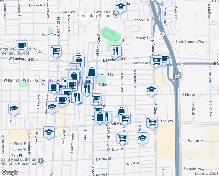 map of restaurants, bars, coffee shops, grocery stores, and more near 20 North Washington Street in Lodi