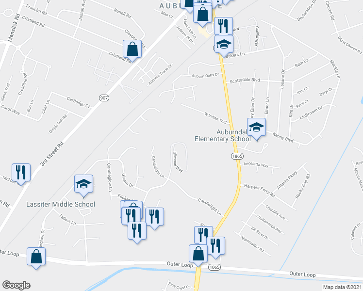 map of restaurants, bars, coffee shops, grocery stores, and more near 8023 Glimmer Way in Louisville