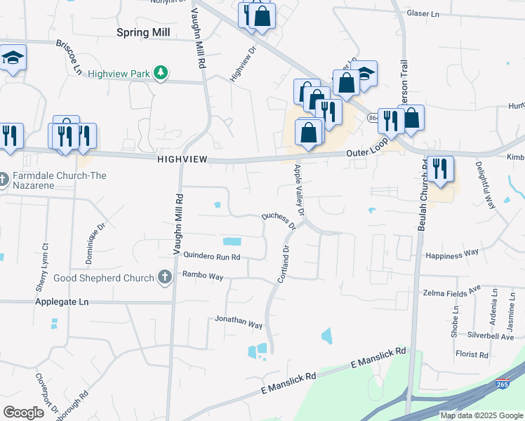 map of restaurants, bars, coffee shops, grocery stores, and more near 7415 Apple Mill Drive in Louisville