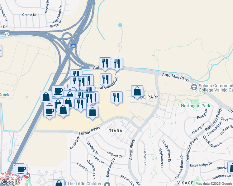 map of restaurants, bars, coffee shops, grocery stores, and more near 1190 Admiral Callaghan Lane in Vallejo